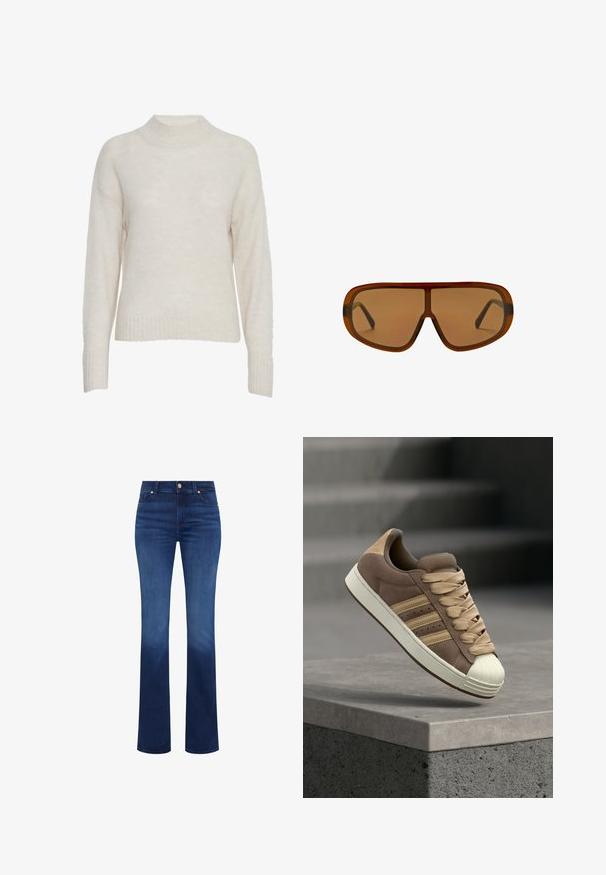 Cremefarvet sweater lavet af blødt, fuzzy materiale. Har en høj hals, lange ærmer og ribbet kant ved ærmerne og kanten for en afslappet pasform.; Mørkeblå flagrende jeans lavet af denim. Har et klassisk fem-lomme design og en frontknaplukning. Glat tekstur med en let glans.; Brun ruskinds lave sneakers med beige accenter, cremefarvet gummiforstærkning ved tåen og beige snørebånd. Tre parallelle striber på siden.; Brune oversized skjold-stil solbriller med en tyk ramme og tonede linser på en hvid baggrund.