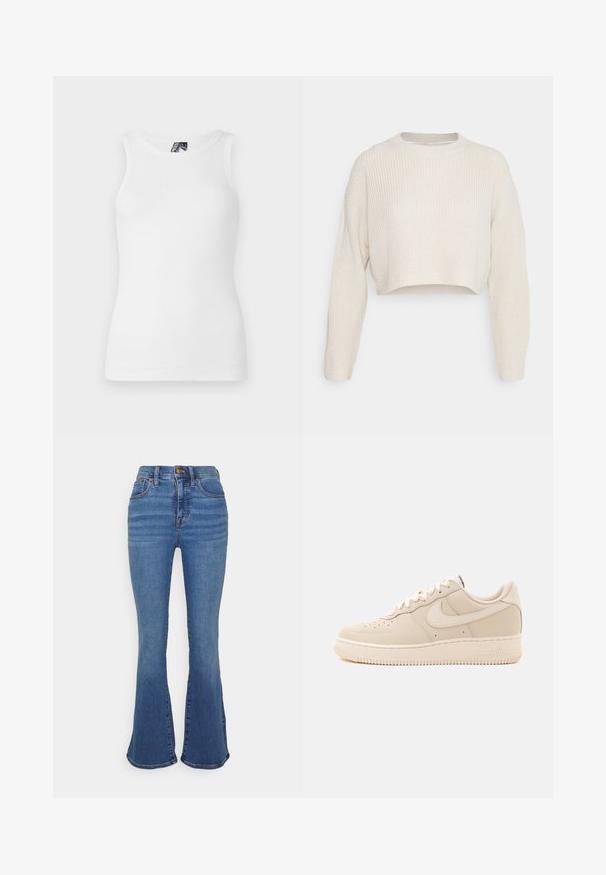 Pull court de couleur blanc cassé, avec une texture côtelée, un col rond et de longues manches légèrement surdimensionnées.; Débardeur blanc à côtes avec un col rond et sans manches, fabriqué en un doux mélange de coton avec une silhouette ajustée.; Madewell Jean bootcut - elevere wash; Baskets basses beiges Nike Air Force 1 avec fermeture à lacets et perforations sur la boîte à orteils sur un fond uni.