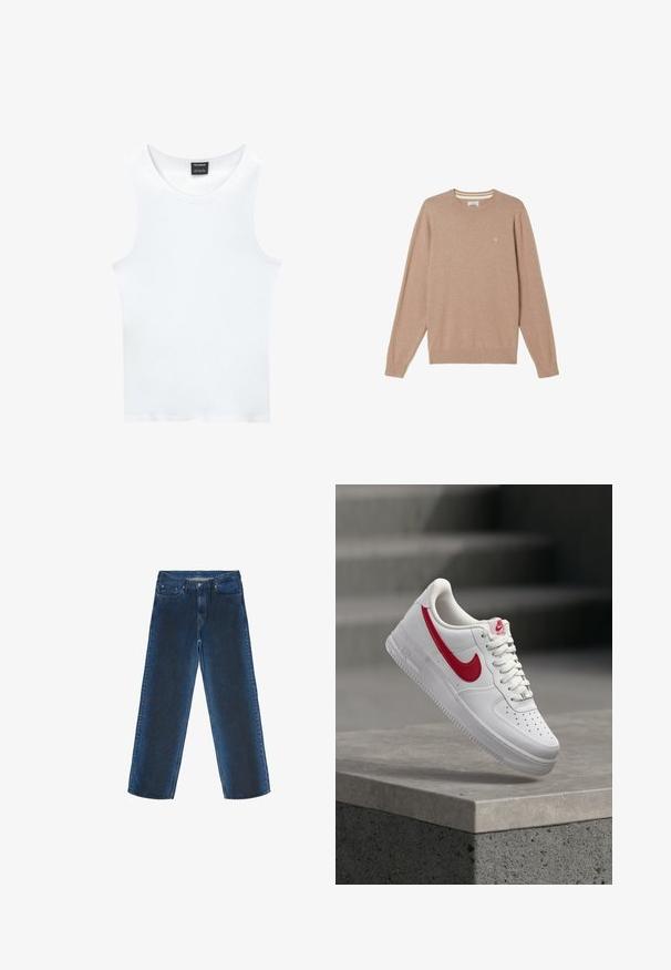 Beige langærmet crewneck-trøje med ribstrikkede manchetter og kant, lille broderet logo på venstre bryst, lagt fladt på hvid baggrund.; Hvid ærmeløs tanktop lavet af ribbet bomuld. Har en rund halsudskæring og en glat tekstur. Etiketten siger "PULL&BEAR."; Blå denimjeans med lige ben-design, som har forlommer, en knaplukning og en diskret falmet struktur.; Hvid Nike Air Force 1 sneaker med rødt swoosh-logo svæver over en betonafdækning og trapper i baggrunden.