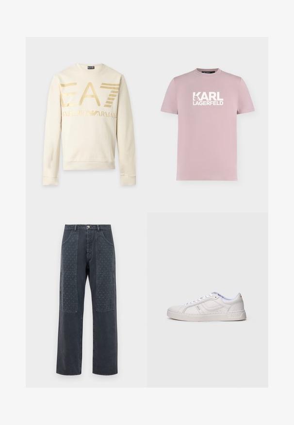 Cremefarvet EA7 Emporio Armani sweatshirt med lange ærmer, stort guldlogo og ribstrikkede manchetter og kant på en lys baggrund.; Lyserød t-shirt med korte ærmer og hvidt "KARL LAGERFELD" logo centreret på brystet.; Mørkegrå jeans med bred benudskæring, der har dekorative lapper på forsiden med et subtilt blomstermønster og standardlomme-detaljering.; Hvid lavtop sneaker med snørebånd, syning detaljer og "BOSS" branding på siden og sålen, vist fra ydersiden.