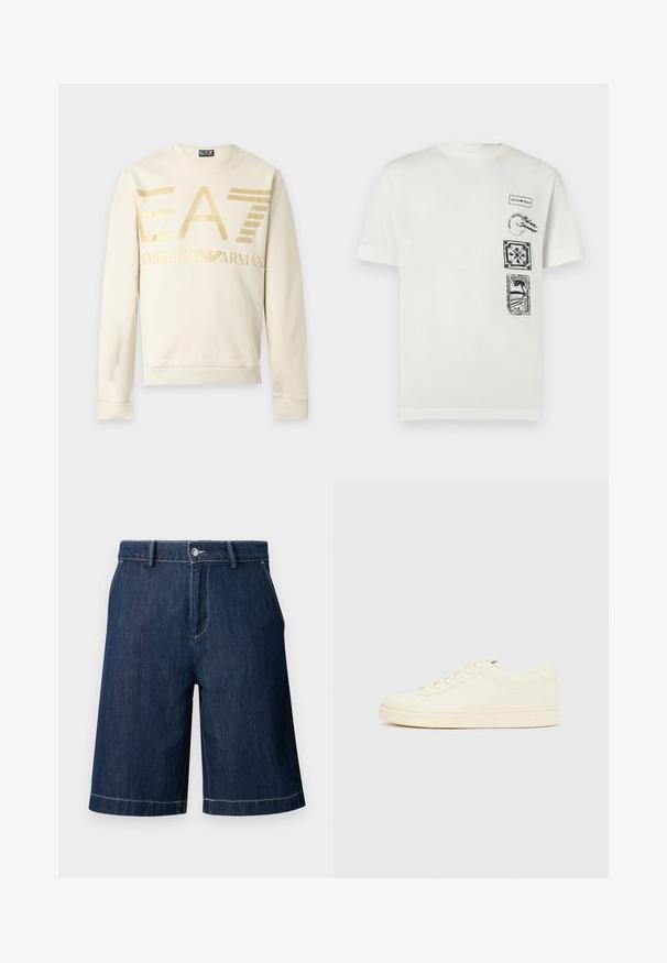Sweat-shirt crème manches longues EA7 Emporio Armani avec grand logo doré et poignets et ourlet côtelés sur fond clair.; T-shirt blanc à manches courtes avec des patchs imprimés noirs incluant les textes "Emporio Armani", "Italian Summer", ainsi que des motifs de palmiers et de carreaux sur la poitrine.; Short en denim bleu foncé avec poches avant, passants pour ceinture, fermeture par bouton et surpiqûres blanches visibles sur un fond clair.; Baskets couleur crème avec une tige en cuir lisse, bout arrondi, laçage à l'avant et semelle en caoutchouc texturée. Design minimaliste, sans logo.