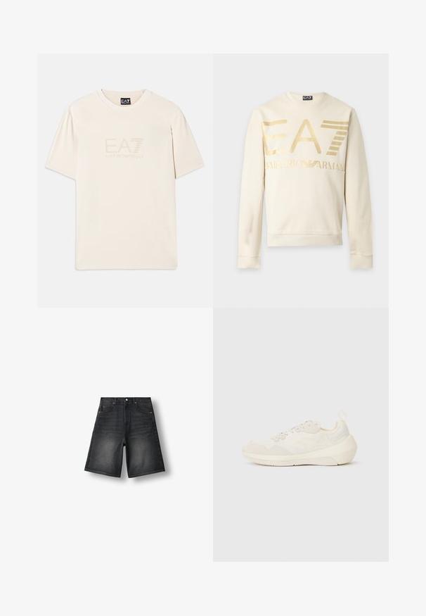 Kreemikas pikkade varrukatega EA7 Emporio Armani dressipluus, millel on suur kuldne logo ning soonikkoes mansetid ja ääred heledal taustal.; Kreemjas värvitoonis puuvillane T-särk, millel on ümmargune kaelus ja lühikesed varrukad. Esiküljel on reljeefne EA7 logo.; Mustad teksapüksid, millel on esiosas taskud, vööaasad, nööpidega sulgur ja reitel tuhmunud detailid, laotud valgele taustale.; Emporio Armani Tossud - off white