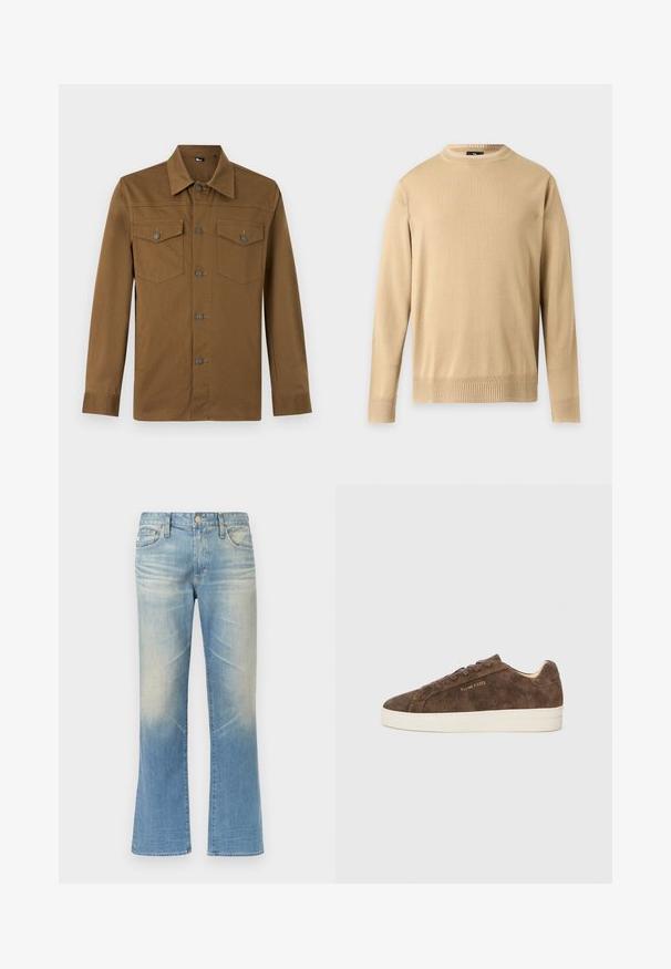 Pull beige à manches longues avec col rond, bordures côtelées aux poignets et à l'ourlet, présenté sur un fond gris clair uni.; Chemise marron à manches longues avec col pointu et deux poches poitrine boutonnées, présentée sur fond clair uni.; Jean évasé en denim bleu clair avec une finition délavée, design à cinq poches, fermeture par bouton en métal et ourlets droits.; Baskets en daim marron avec une silhouette basse, un bout arrondi et une semelle en caoutchouc blanc. Elles présentent des lacets foncés et un logo discret sur le côté.