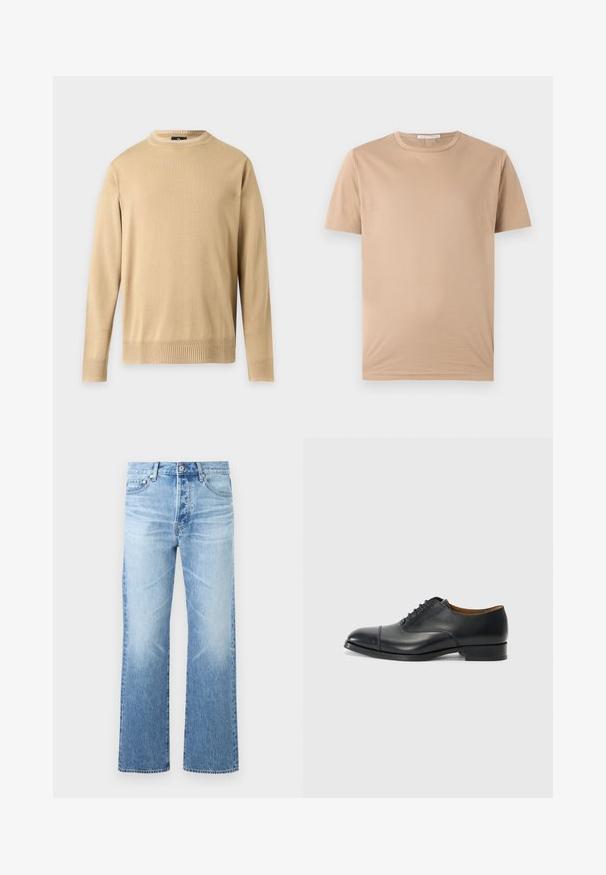 Beige trui met lange mouwen en ronde hals, met geribde manchetten en zoom, getoond op een effen lichtgrijze achtergrond.; Beige T-shirt met korte mouwen en een ronde hals, rechte zoom en een klein merkje aan de binnenkant van de kraag.; Lichtblauwe denim jeans met rechte pijpen, ontwerp met vijf zakken, knoopsluiting en subtiele vervaging op de dijen en knieën.; Zwarte leren dress shoe met een gladde afwerking, ronde neus, vijf gaten voor veters, en een lage blokhak. Minimalistisch ontwerp met subtiele stiksels.