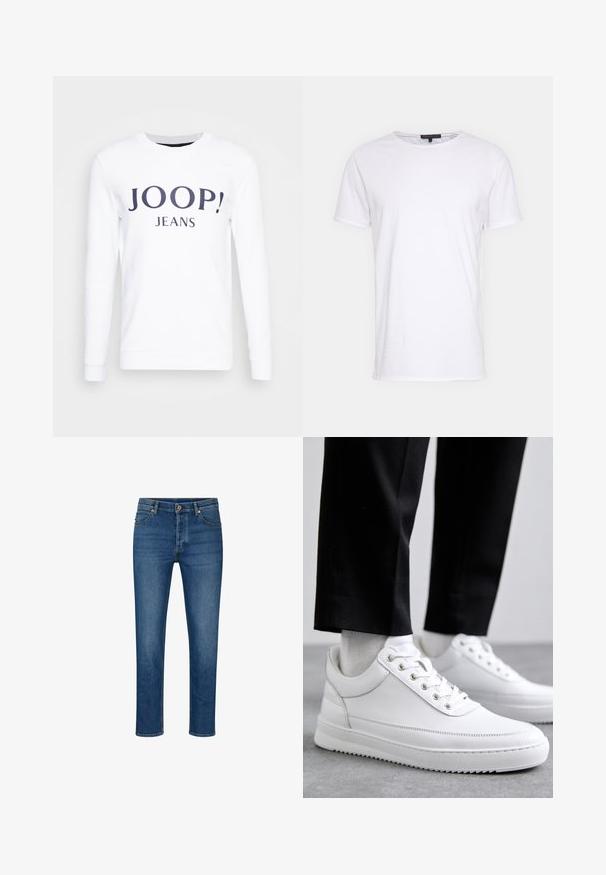 Weißes Sweatshirt mit großen marineblauen Druck "JOOP! JEANS" auf der Vorderseite. Lange Ärmel mit gerippten Bündchen und Rundhalsausschnitt.; Weißes Baumwoll-T-Shirt mit Rundhalsausschnitt, kurzen Ärmeln und geradem Schnitt. Verfügt über eine einfache, glatte Textur und keine zusätzlichen Muster.; Blaue Denim-Jeans mit geradem Schnitt, ausgestattet mit fünf Taschen, Gürtelschlaufen und einem Knopfverschluss. Leichte Abnutzungsspuren und kontrastierende Nähte.; Weiße Leder-Sneaker mit flacher Gummisohle, ausgestattet mit einer glatten Oberfläche, runder Zehenpartie und Metallösen für die Schnürsenkel. Getragen mit schwarzen Hosen.
