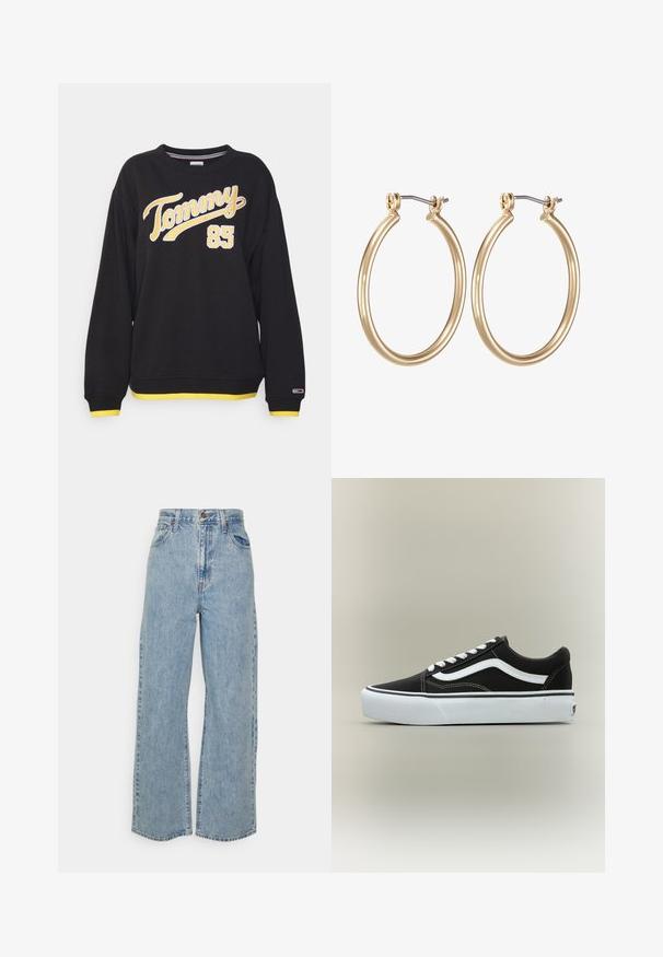 Sweatshirt noir à manches longues avec le texte jaune "Tommy 85" à l'avant, des bords jaunes sur les poignets et l'ourlet, et un petit logo sur le poignet gauche.; Jean en denim bleu clair à taille haute, à jambes larges, avec fermeture à bouton et zip à l'avant, et design à cinq poches sur fond uni.; Baskets basses noires avec bande blanche latérale, lacets blancs, semelle en caoutchouc blanche et bout texturé sur fond neutre.; Boucles d'oreilles en métal doré en forme de cerceau avec un design circulaire lisse et une fermeture à charnière sécurisée. Légères avec une finition polie.