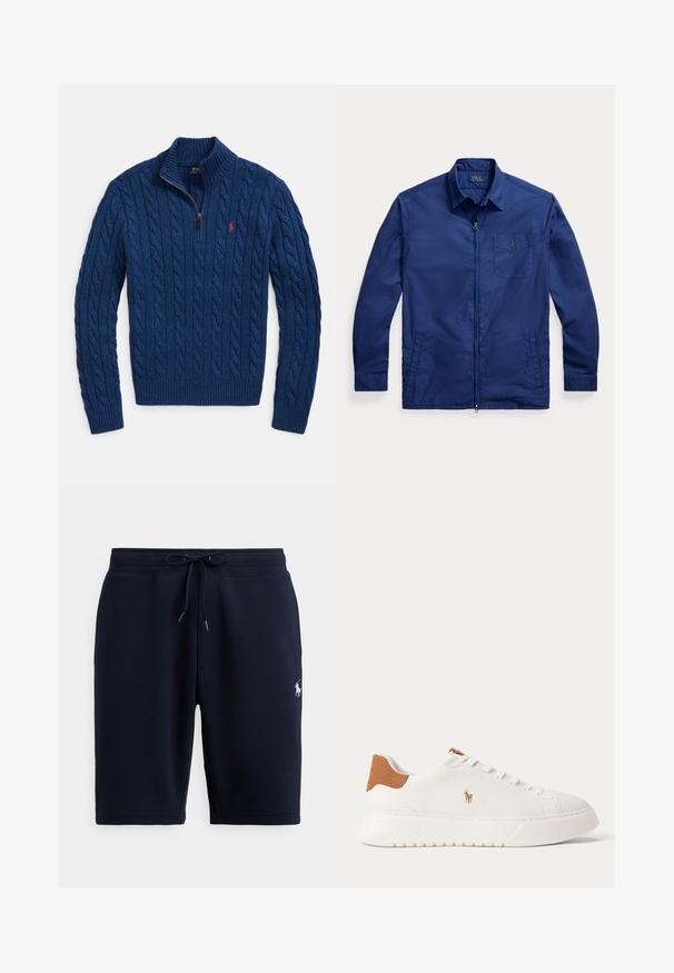 Kabelstrickpullover in Tiefblau, mit halbem Reißverschluss am Kragen sowie gerippten Bündchen und Saum. Kleines rotes Logo auf der Brust.; Dunkelblaue Sweatjacke aus Baumwolle mit Kragen, zwei seitlichen Taschen und einem kleinen grünen Logo auf der Brusttasche. Glatte Textur.; Marineblaue Baumwoll-Sportshorts mit elastischem Bund, Kordelzug und Logo-Akzent auf der linken Seite. Glatte Textur, knielang.; Weißer Sneaker mit niedrigem Schaft, beige Fersenlasche, weißen Schnürsenkeln und kleinem, besticktem Polospieler-Logo an der Seite über einer dicken Sohle.