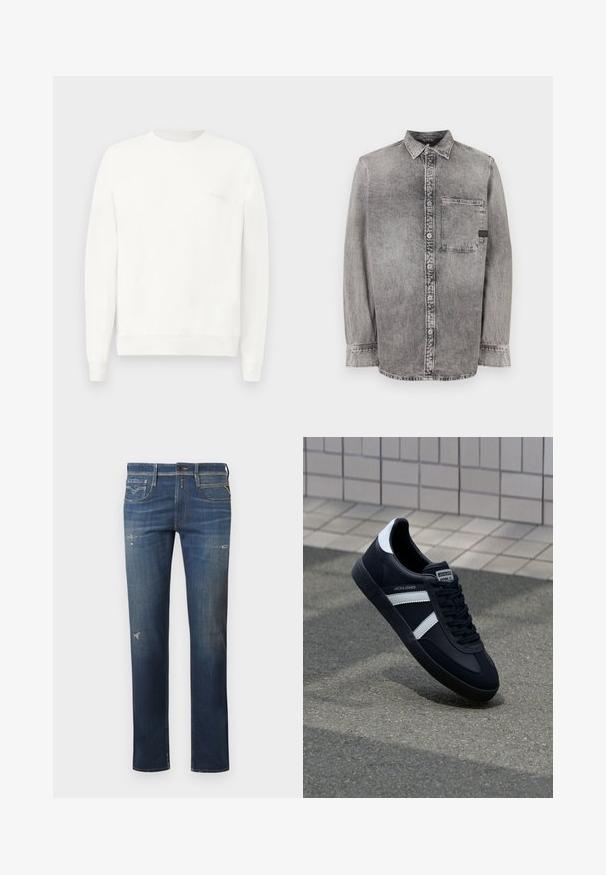 Witte crewneck sweatshirt gemaakt van zachte stof, met ribgebreide boorden en zoom, en een subtiele logo gedrukt op de borst in lichtgrijs.; Grijze denim knopsluiting overhemd, lange mouwen, stof van gemiddelde dikte, enkele borstzak, vervaagde afwerking met contrasterende knopen, klassieke kraag.; Donkerblauwe denim jeans met een rechte pijp, voorzien van versleten plekken, subtiele vervaging en een traditionele vijf-pocketontwerp met een knoopsluiting.; Zwarte leren sneaker met witte strepen, een gestructureerde rubberen zool en vetersluiting aan de voorkant. Voorzien van een merklabel op de tong.