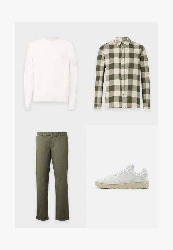 Sweatshirt blanc à col rond en tissu doux, avec des poignets et un ourlet côtelé, orné d'un logo subtil imprimé sur la poitrine en gris clair.; Chemise à manches longues avec un motif à carreaux vert et crème, fabriquée en tissu léger, dotée d'un col boutonné et de boutons à l'avant.; Pantalons en coton vert olive avec une coupe droite, ourlets retroussés, poches avant et fermeture à bouton. Texture lisse avec des détails de couture subtils.; Baskets en cuir blanc avec une finition texturée et un col rembourré. Elles sont dotées d'une semelle en caoutchouc beige et d'une discrète branding sur le talon et le côté.