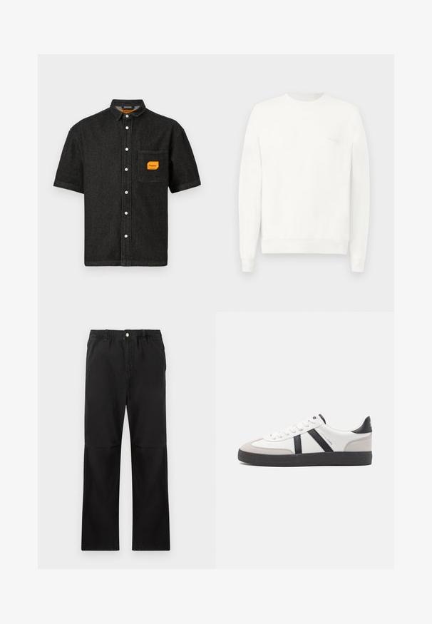 Weißes Sweatshirt mit Rundhalsausschnitt aus weichem Stoff, mit gerippten Bündchen und Saum, und einem dezenten, in hellgrau auf der Brust gedruckten Logo.; Schwarzes kurzärmliges Button-Up-Hemd mit einer Brusttasche, die ein orangenes Replay Inc. Etikett und weiße Knöpfe an der Vorderseite enthält.; Schwarze Baumwollhosen mit einem elastischen Bund, gerade geschnitten, mit glatter Textur und ohne sichtbare Akzente oder Muster.; Weiße Sneaker mit schwarz- und grau-aczenten, ausgestattet mit einer strukturierten grauen Zehenkappe, schwarzer Gummi-Sohle und flachen weißen Schnürsenkeln. Sauberes Design, minimalistische Stil.