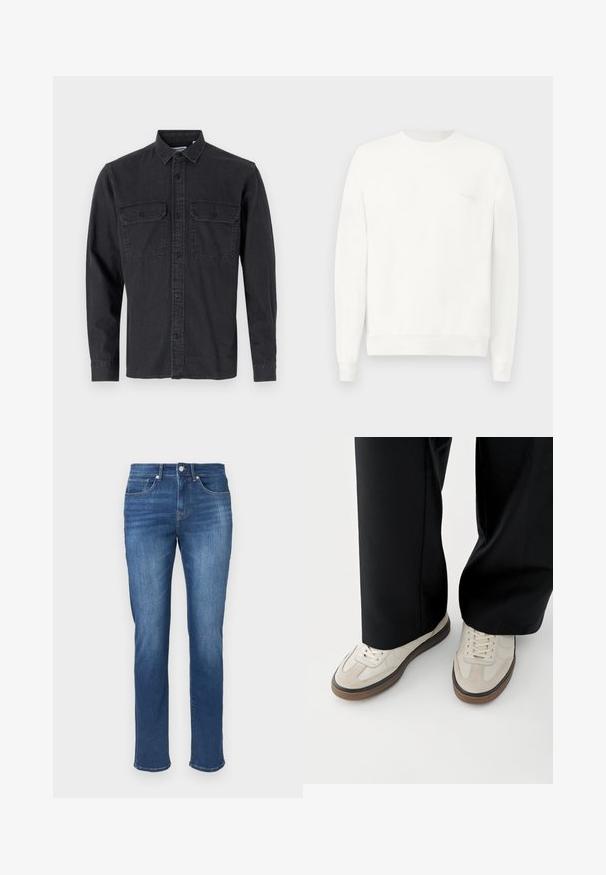 Sweatshirt blanc à col rond en tissu doux, avec des poignets et un ourlet côtelé, orné d'un logo subtil imprimé sur la poitrine en gris clair.; Chemise à manches longues, de couleur gris foncé, à boutons, en mélange de coton, avec deux poches poitrine et col classique.; Jean en denim bleu moyen, coupe droite, avec cinq poches, fermeture à bouton sur le devant et léger effet usé.; Pieds portant des baskets beige avec des semelles marron et un pantalon noir à jambes larges sur fond blanc.