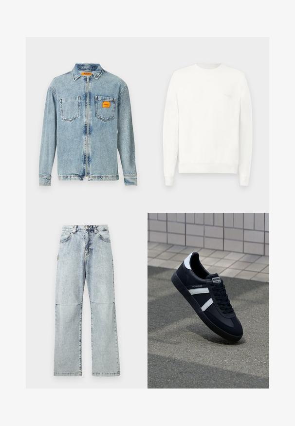Witte crewneck sweatshirt gemaakt van zachte stof, met ribgebreide boorden en zoom, en een subtiele logo gedrukt op de borst in lichtgrijs.; Lichtblauwe denim jas met een volledige rits aan de voorkant, twee borstzakken en een klein oranje Replay Inc. label op de rechterzak en de kraag.; Lichtblauwe denim broeken met een relaxte pasvorm, vervaagde textuur, vijf zakken en een knoopsluiting op de tailleband. Platte naden en wijde pijpen.; Zwarte leren sneaker met witte strepen, een gestructureerde rubberen zool en vetersluiting aan de voorkant. Voorzien van een merklabel op de tong.