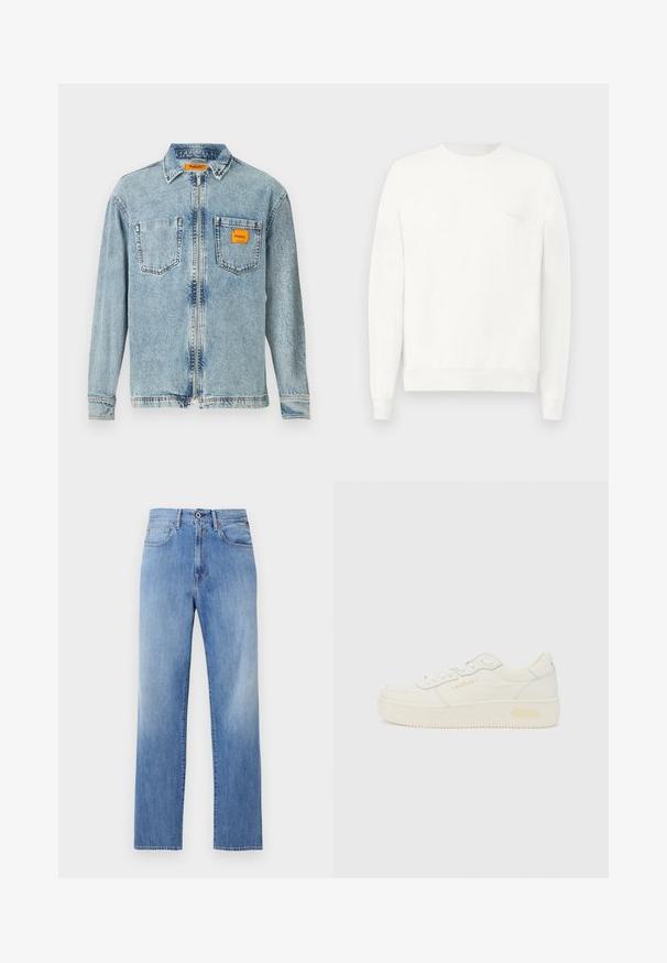 Valge ümar kaelusega dressipluus pehmest kangast, millel on soonikuga mansetid ja alumine äär, ning esitletud on kergehall logo rinnal.; Helefrontse lukuga helesinine denim jakker, kahe rindkere taskuga ja väikese oranži Replay Inc. etiketi avaga paremas taskus ja kraes.; Hele sinised sirgelõikelised teksapüksid esisäärega, tõmbluku ja viie taskuga valgel taustal.; Madala piirlahusega valge tenisaking, ees paelaga kinnitatav, paks tald ja peene "REPLAY" brändinguga külgedel ja kontsal, näidatud profiilvaates.
