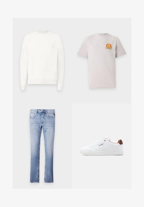 Weißes Sweatshirt mit Rundhalsausschnitt aus weichem Stoff, mit gerippten Bündchen und Saum, und einem dezenten, in hellgrau auf der Brust gedruckten Logo.; Hellgraues Baumwoll-T-Shirt mit Rundhalsausschnitt, das ein farbenfrohes "Lone Château Replay"-Grafikdesign in Orange und Blau auf der Brust zeigt.; Hellblaue Denim-Jeans mit geradem Bein, fünf Taschen und sichtbaren Nähdetails. Glatte Textur und klassischer Schnitt.; Weißer Low-Top-Sneaker mit weißen Schnürsenkeln, perforierten Details, "Wrangler"-Logo an der Seite und braunem Absatz auf einfarbigem Hintergrund.