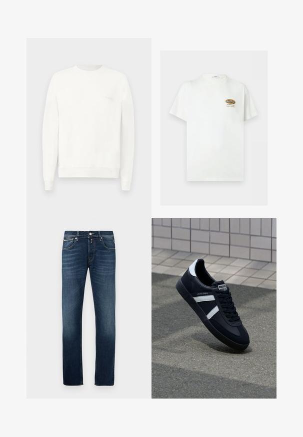 Weißes Sweatshirt mit Rundhalsausschnitt aus weichem Stoff, mit gerippten Bündchen und Saum, und einem dezenten, in hellgrau auf der Brust gedruckten Logo.; Weißes T-Shirt mit kurzen Ärmeln und kleinem braun-schwarzem „Replay The Denim Goods Superior Standard“-Logo auf der linken Brust.; Dunkelblaue Gerade geschnittene Jeans mit leichter Ausbleichung an den Oberschenkeln, fünf Taschen und einem metallenen Knopfverschluss an der Taille.; Schwarze Leder-Sneaker mit weißen Streifen, strukturiertem Gummisohle und Schnürung. Verfügt über ein Markenetikett auf der Zunge.