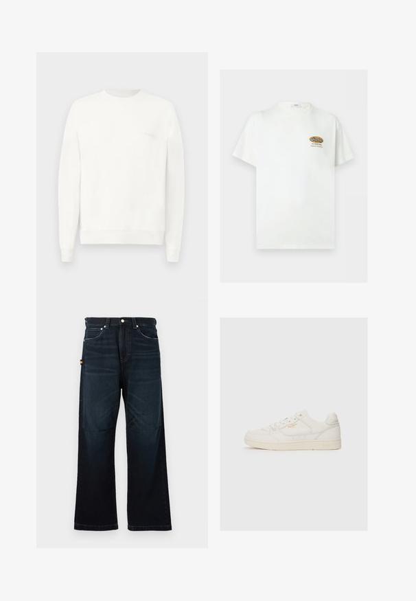 Biely crewneck sveter vyrobený z mäkkej látky, s rebrovanými manžetami a lemom, s jemným logom potlačeným na hrudi v svetlo sivej farbe.; Biele tričko s krátkym rukávom s malým hnedo-čiernym logom „Replay The Denim Goods Superior Standard“ na ľavej strane hrude.; Tmavomodré džínsy s rovnými nohavicami a klasickým dizajnom piatich vreciek, s pútkami na opasok a jemne vyblednutými detailmi vpredu a na kolenách.; Biele kožené tenisky s hladkou textúrou, s perforovanými akcentmi, šnurovaním vpredu a decentným zlatým logom na boku.