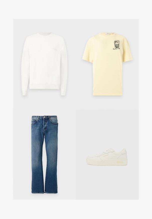 Biely crewneck sveter vyrobený z mäkkej látky, s rebrovanými manžetami a lemom, s jemným logom potlačeným na hrudi v svetlo sivej farbe.; Svetložlté tričko s krátkym rukávom s malou grafikou koktailovej pohára, plátkami citróna a textom "Replay club 81" na hrudi.; Svetlomodré denimové džínsy so striha so straight leg dizajnom, ktoré majú päť vreciek, zapínanie na gombíky a jemné blednutie na látke.; Nízka biela teniska so šnurovaním vpredu, hrubou podrážkou a decentným značkovaním "REPLAY" na boku a päte, zobrazená v profilovom pohľade.