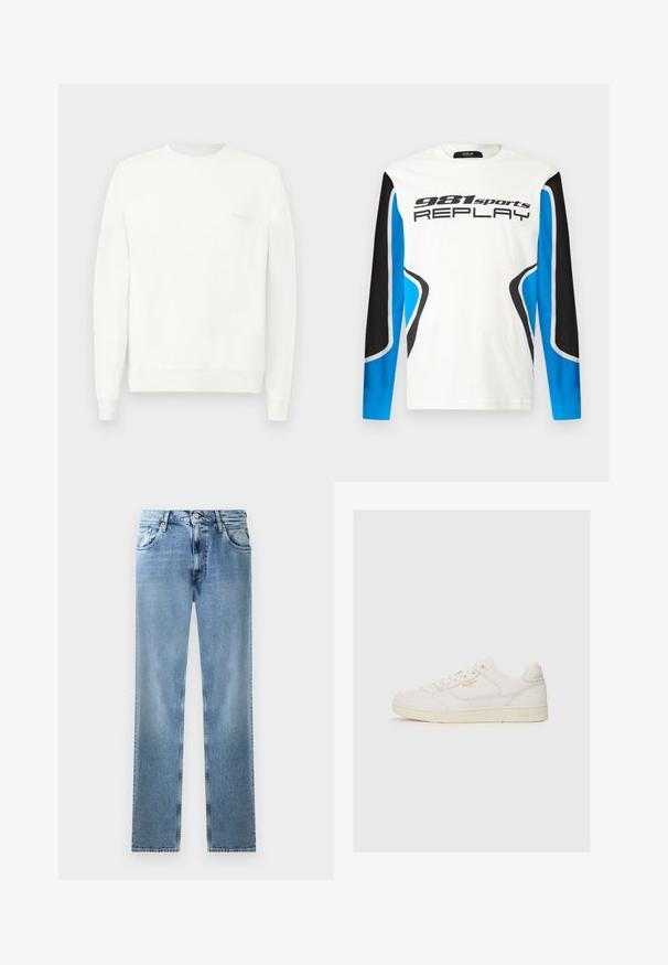 Weißes Sweatshirt mit Rundhalsausschnitt aus weichem Stoff, mit gerippten Bündchen und Saum, und einem dezenten, in hellgrau auf der Brust gedruckten Logo.; Langarm-Sportshirt mit weißer Vorderseite, schwarzen und blauen Ärmeln und dem Aufdruck "981 sports REPLAY" auf der Brust.; Helle blaue Denim-Jeans mit geradem Bein, Taschen, Kupferriegeln und Knopfverschluss. Sie zeichnen sich durch ein verblasstes Design und einen sauberen Saum aus.; Weiße Leder-Sneaker mit glatter Textur, versehen mit perforierten Akzenten, Schnürung an der Vorderseite und einem subtilen Logo in Gold an der Seite.