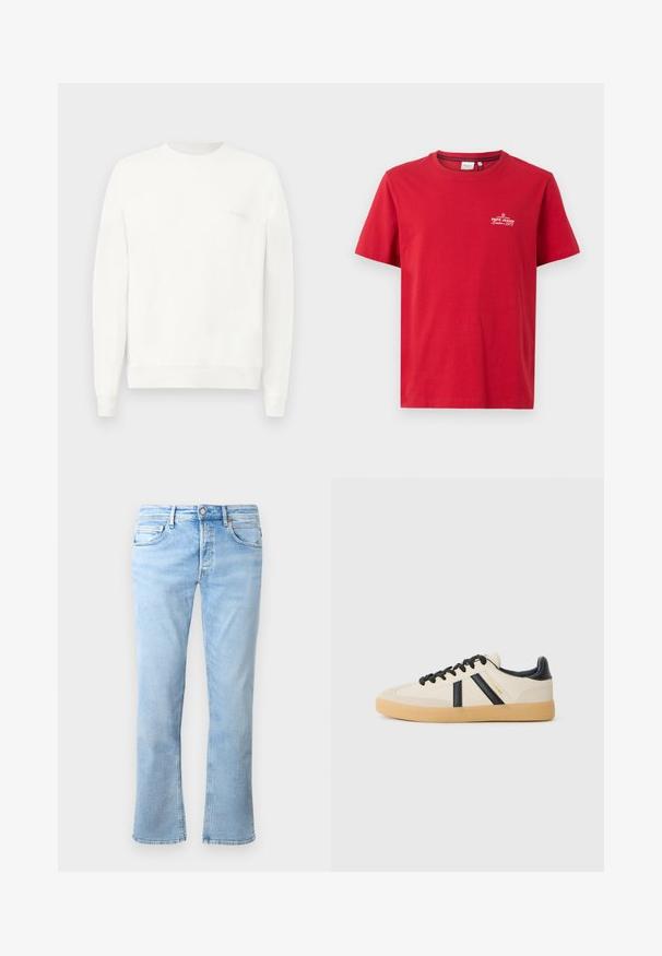 Biely crewneck sveter vyrobený z mäkkej látky, s rebrovanými manžetami a lemom, s jemným logom potlačeným na hrudi v svetlo sivej farbe.; Pepe Jeans THIAGO TEE - Tričko s potlačou - rugby red; Svetlomodré džínsy majú rovný strih, päť vreciek a zapínanie na gombík. Materiál je hladký s vybledlými akcentmi.; Pohodlné tenisky v krémovej farbe s čiernymi pruhmi, s textúrovaným zvrškom a podrážkou z gumy. Šnúrky sú čierne. Diskrétny logo na boku.