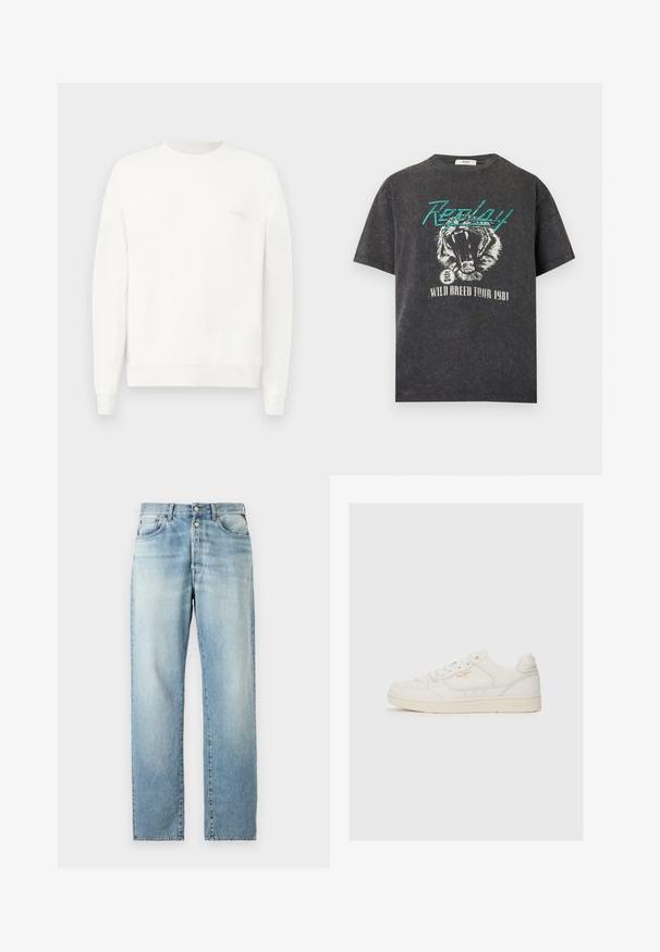 Biely crewneck sveter vyrobený z mäkkej látky, s rebrovanými manžetami a lemom, s jemným logom potlačeným na hrudi v svetlo sivej farbe.; Čierne vyprané tričko s tyrkysovým textom "Replay", grafikou revúceho tigra a bielym textom "Wild Breed Tour 1981" pod ním.; Svetlo modré džínsy s rovnými nohavicami, s klasickým päťvreckovým dizajnom a zapínaním na gombík. Po celej ploche sú zosvetlené.; Biele kožené tenisky s hladkou textúrou, s perforovanými akcentmi, šnurovaním vpredu a decentným zlatým logom na boku.