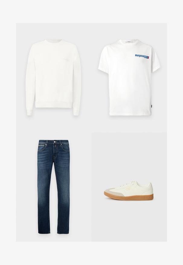 Hvid crewneck sweatshirt lavet af blødt stof, med ribbede manchetter og kant, og med et diskret logo trykt på brystet i lysegrå.; Hvid bomulds T-shirt med "Replay" logo i blå på brystet; afslappet pasform med korte ærmer og rund halsudskæring.; Mørkeblå straight-leg jeans med let falming på lårerne, fem lommer og en metalknaplukning i taljen.; Sneaker lavet af hvid læder med en beige tåhætte og let brunt gummisål. Har flade hvide snørebånd og prægede branding på siden.