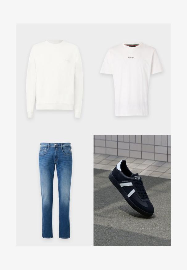 Witte crewneck sweatshirt gemaakt van zachte stof, met ribgebreide boorden en zoom, en een subtiele logo gedrukt op de borst in lichtgrijs.; Witte katoenen T-shirt met een v-halsontwerp, korte mouwen en een kleine "REPLAY" op de borst gedrukt. Soepele textuur, casual pasvorm.; Heren blauwe denim jeans met een vervaagde was, straight leg ontwerp, vijf zakken en een sluiting met een knoop aan de voorkant. Gestikte accenten op de zakken.; Zwarte leren sneaker met witte strepen, een gestructureerde rubberen zool en vetersluiting aan de voorkant. Voorzien van een merklabel op de tong.