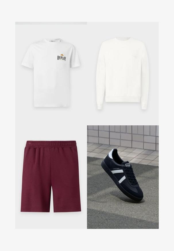Witte crewneck sweatshirt gemaakt van zachte stof, met ribgebreide boorden en zoom, en een subtiele logo gedrukt op de borst in lichtgrijs.; Witte katoenen t-shirt met korte mouwen, voorzien van een zwart en gouden "REPLAY GRAND HOTEL" logo op de linkerkant van de borst. Eenvoudig ontwerp, normale pasvorm.; Bordeaux kniebroek met elastische tailleband en zijzakken, gemaakt van gestructureerde stof.; Zwarte leren sneaker met witte strepen, een gestructureerde rubberen zool en vetersluiting aan de voorkant. Voorzien van een merklabel op de tong.