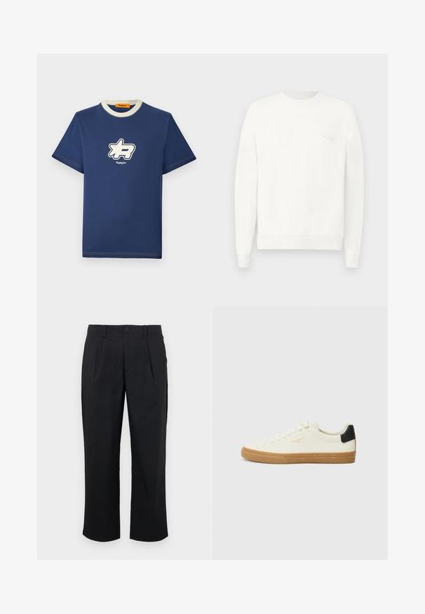 Biely crewneck sveter vyrobený z mäkkej látky, s rebrovanými manžetami a lemom, s jemným logom potlačeným na hrudi v svetlo sivej farbe.; Námornícky modré bavlnené tričko s kontrastným krémovým golierom, na prednej strane s veľkým bielym logom a názvom značky pod ním.; Čierne nohavice so priamym strihom, s prehybmi na prednej strane, s gombíkovým uzáverom a hladkou textúrou látky.; Biele plátenné tenisky s gumovou podrážkou, čiernym akcentom na päte, okrúhlou špičkou a šnurovacími detailmi. Na boku sa nachádza zlaté logo značky.