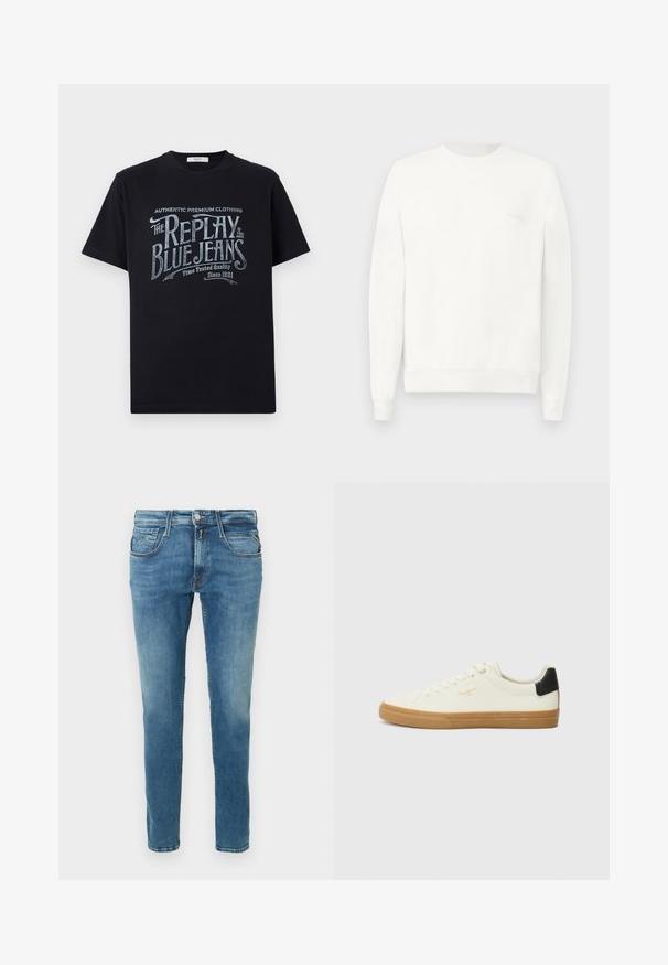 Biely crewneck sveter vyrobený z mäkkej látky, s rebrovanými manžetami a lemom, s jemným logom potlačeným na hrudi v svetlo sivej farbe.; Čierne bavlnené tričko s krátkymi rukávmi a okrúhlym výstrihom, s vintage štýlovým bielym a svetlomodrým grafickým textovým dizajnom na prednej strane.; Džínsy zo svetlomodrého denimu s priamym strihom nohavíc. Majú päť vreciek, zapínanie na gombíky a kontrastné prešívanie pozdĺž švov.; Biele plátenné tenisky s gumovou podrážkou, čiernym akcentom na päte, okrúhlou špičkou a šnurovacími detailmi. Na boku sa nachádza zlaté logo značky.