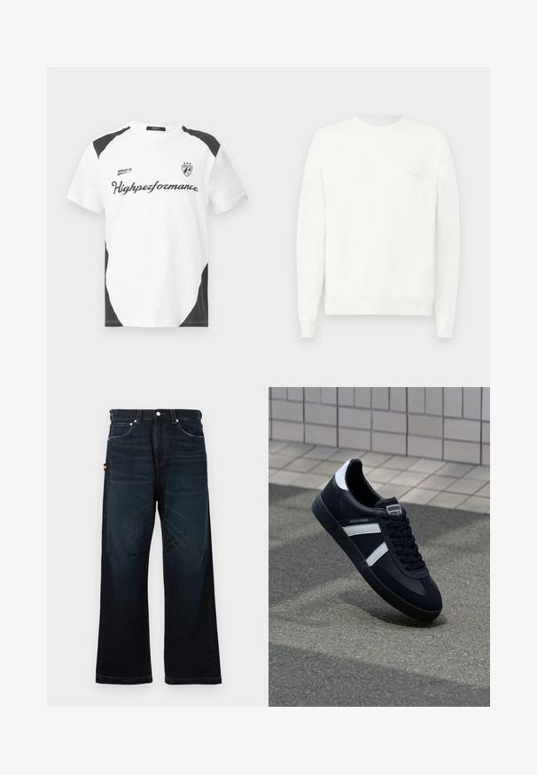 Witte crewneck sweatshirt gemaakt van zachte stof, met ribgebreide boorden en zoom, en een subtiele logo gedrukt op de borst in lichtgrijs.; Witte T-shirt met korte mouwen en zwarte accenten. Bevat het logo "REPLAY FC" en de tekst "Highperformance" in een sportieve lettertype. Gemaakt van een glad materiaal.; Donkerblauwe broek met rechte pijpen, klassieke vijf-pocket ontwerp, riemlussen en subtiele vervaging bij de voorkant en knieën.; Zwarte leren sneaker met witte strepen, een gestructureerde rubberen zool en vetersluiting aan de voorkant. Voorzien van een merklabel op de tong.