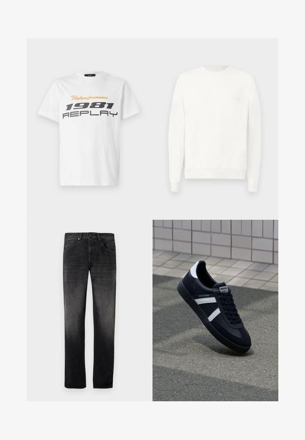 Sudadera blanca de cuello redondo hecha de una tela suave, con puños y dobladillo acanalados, y con un logo sutil impreso en el pecho en gris claro.; Replay SHORT SLEEVE GRAPHIC - Camiseta estampada - natural white; Vaqueros de mezclilla negra con lavado desteñido, corte recto, diseño de cinco bolsillos y cierre con botón metálico. Textura suave con detalles sutiles.; Zapatilla de cuero negra con rayas blancas, suela de goma texturizada y parte frontal con cordones. Cuenta con una etiqueta de marca en la lengüeta.