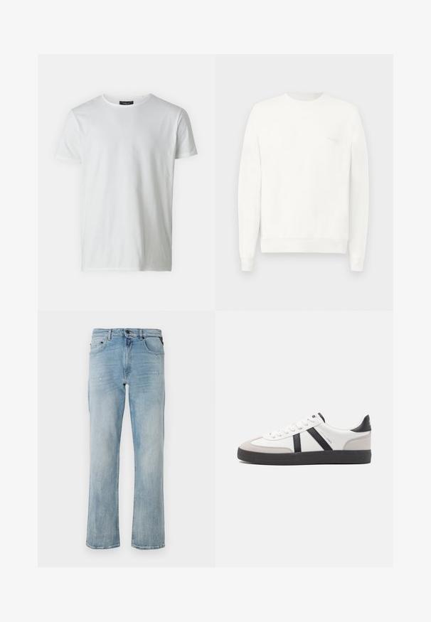 Sudadera blanca de cuello redondo hecha de una tela suave, con puños y dobladillo acanalados, y con un logo sutil impreso en el pecho en gris claro.; Camiseta blanca de manga corta y cuello redondo, hecha de algodón con una textura suave. Presenta una etiqueta en el cuello. Diseño simple y liso.; Jeans de mezclilla azul claro con un corte relajado, que presentan sutiles detalles desgastados y un diseño clásico de cinco bolsillos.; Zapatilla blanca con acentos en negro y gris, que presenta una puntera texturizada en gris, suela de goma negra y cordones planos blancos. Diseño limpio, estilo minimalista.