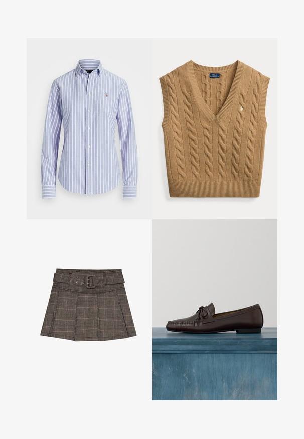 Bezrukávový sveter vesty s káblovým vzorom a výstrihom do V v camel hnedej farbe s menšou vyšívanou aplikáciou prednej časti a štítkom Polo Ralph Lauren.; Svetlomodrá a biela vertikálne pruhovaná košeľa s dlhým rukávom na gombíky, s golierom a malým vyšívaným logom na hrudi.; Kockovaná mini sukňa v čiernej, hnedej a béžovej farbe. Obsahuje opasok v páse, plisovanie a textúrovanú tkaninu s geometrickým vzorom.; Hnedé kožené mokasíny s okrúhlou špičkou, mašľou a ozdobným prešívaním na priehlavku. Plochá čierna gumová podrážka.