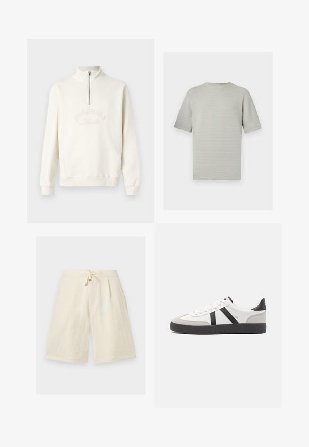 Sweat-shirt blanc avec un col zippé à moitié, texte brodé "ORIGINALS", poignets côtelés et coupe décontractée. Texture de tissu douce.; Haut en tricot gris clair à manches courtes avec un motif en zigzag subtil et un col rond sur fond blanc.; Shorts crème arrivant aux genoux avec une taille à cordon de serrage et une coupe ample, confectionnés dans un tissu léger.; Baskets blanches avec des accents noirs et gris, présentant un embout texturé gris, une semelle en caoutchouc noir et des lacets plats blancs. Design épuré, style minimaliste.