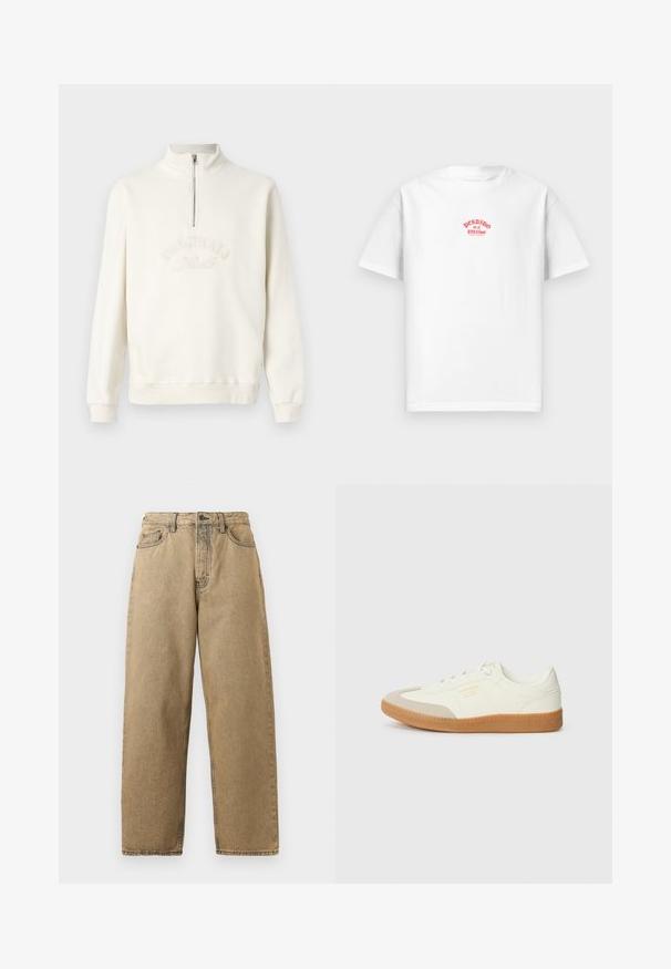 Witte sweatshirt met een halve rits kraag, geborduurde tekst "ORIGINALS", geribbelde manchetten en een relaxte pasvorm. Zachte stoftextuur.; Witte katoenen T-shirt met een rode bedrukt ontwerp dat "Perdido en el paraíso" op de borst leest, korte mouwen, relaxte pasvorm.; Tan denim jeans met een rechte pijpontwerp, voorzien van een rits, riemlussen en contrasterende stiksels. Geen opvallende patronen of hardwaredetails.; Schoen gemaakt van wit leer met een beige teenkap en een lichtbruine rubberen zool. Voorzien van platte witte veters en reliëfbranding aan de zijkant.