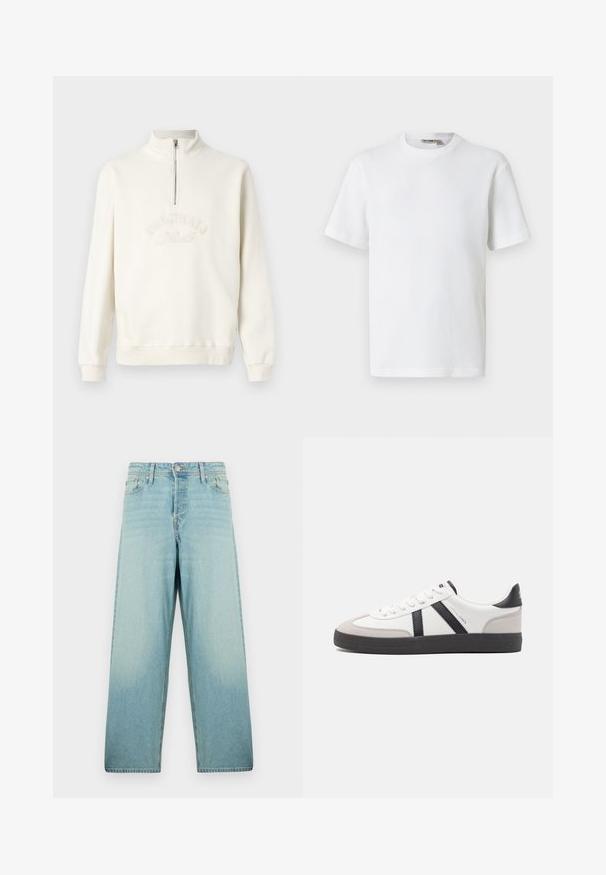 Sweat-shirt blanc avec un col zippé à moitié, texte brodé "ORIGINALS", poignets côtelés et coupe décontractée. Texture de tissu douce.; T-shirt blanc à manches courtes en maille gaufrée avec col rond, petite étiquette de marque à l'intérieur du col, présenté sur un fond uni.; Jean large en denim bleu clair avec un effet délavé. Équipé d'une fermeture à bouton à l'avant et d'un design à cinq poches.; Baskets blanches avec des accents noirs et gris, présentant un embout texturé gris, une semelle en caoutchouc noir et des lacets plats blancs. Design épuré, style minimaliste.