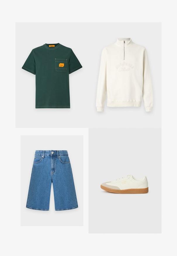 Weißer Sweatshirt mit einem Halb-Reißverschluss-Kragen, besticktem "ORIGINALS"-Text, gerippten Bündchen und lockerer Passform. Weiches Gewebe.; Grünes Baumwoll-T-Shirt mit rundem Ausschnitt, kurzen Ärmeln und einer frontalen Tasche mit einem orangefarbenen Etikett. Kontrastnähte sind sichtbar.; Blaue Jeansshorts mit hoher Taille, Fronttaschen, Gürtelschlaufen und Knopfverschluss, vor einem einfarbigen hellen Hintergrund dargestellt.; Sneaker aus weißem Leder mit einer beigen Zehenkappe und leichter brauner Gummisohle. Verfügt über flache weiße Schnürsenkel und geprägtes Branding an der Seite.