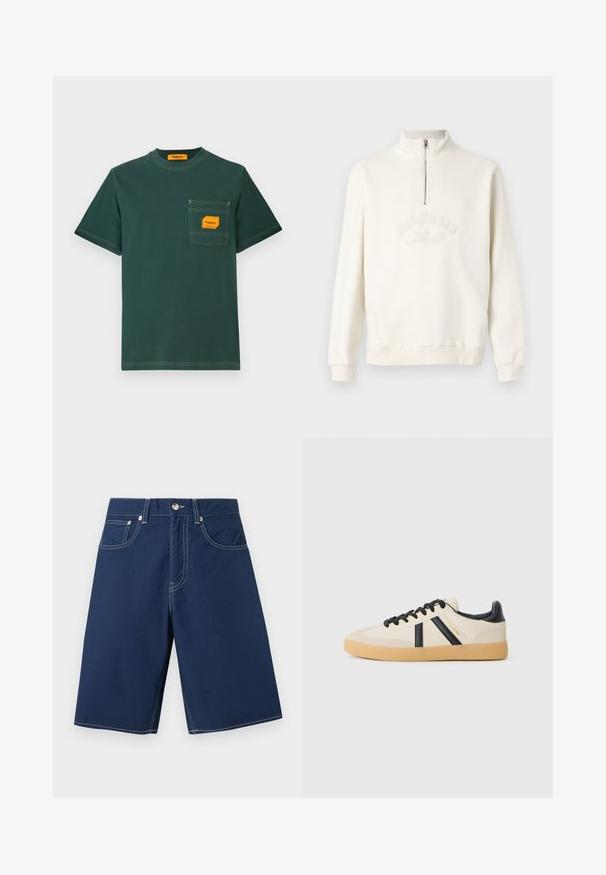 Hvid sweatshirt med halvlynlås og krave, broderet med teksten "ORIGINALS", ribbede ærmer og afslappet pasform. Blød stofstruktur.; Grøn bomuld t-shirt med rund hals, korte ærmer og en forlomma med en orange etiket. Kontrastsyning er synlig.; Mørkeblå knælange shorts med hvide syninger, frontknap, lynlås, bæltestropper og tre forlommer på en neutral baggrund.; Casual sneakers i creme med sorte striber, med en tekstureret overdel og sål i gummigummi. Snørebåndene er sorte. Diskret logo på siden.