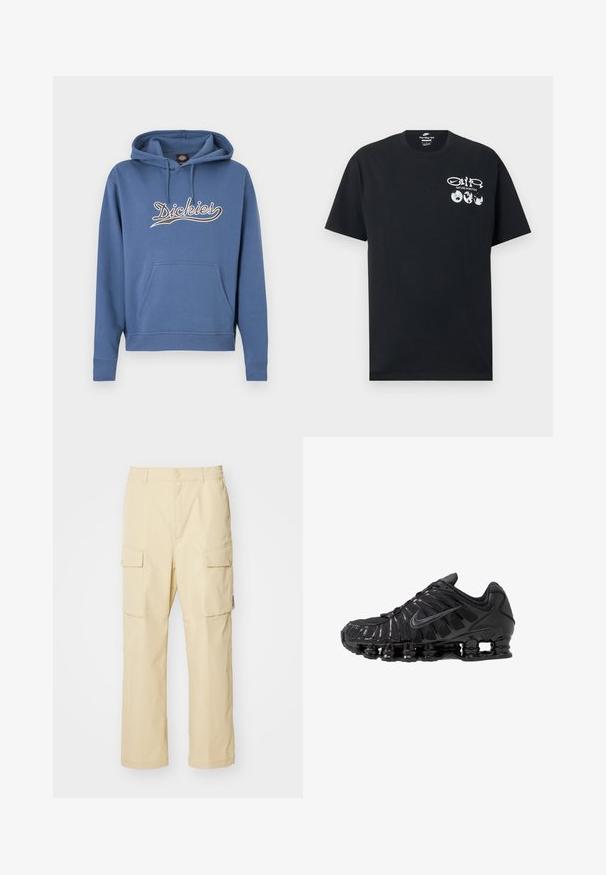 Sininen huppari, valmistettu puuvillasekoitteesta, jossa edessä tasku ja kermaään kirjailtu "Dickies"-logo. Resorireunat hihoissa ja helmassa.; Musta lyhythihainen Nike T-paita, jossa valkoinen "Nature in Motion" -teksti, kolme maapallon kuvaketta ja Nike-swoosh-kuvio vasemmassa rintapäässä.; Beige cargo-housut, joissa on joustava vyötärö ja nappisulku. Varustettu kahdella sivutaskulla ja yksinkertaisella muotoilulla.; Mustat urheilukengät, jotka on valmistettu verkkokankaasta ja synteettisistä materiaaleista. Niissä on erottuva aaltoileva kuvio, musta kumipohja ja heijastavia yksityiskohtia.