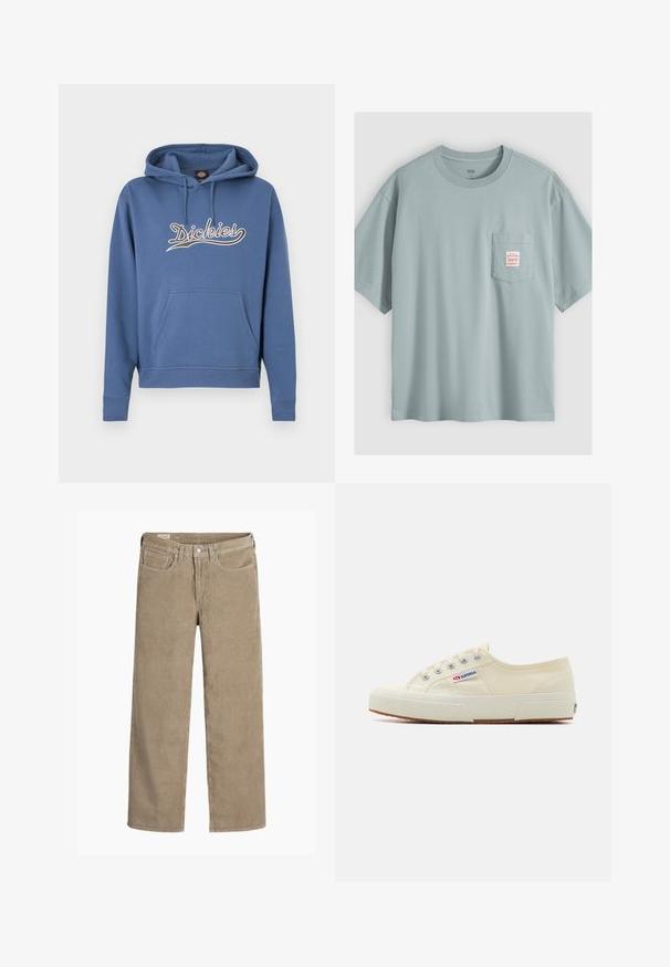 Modrá mikina s kapucňou z bavlneného materiálu, vybavená predným vreckom a vyšitým logom "Dickies" v krémovej farbe. Rebrované manžety a lem.; Svetlomodré bavlnené tričko s krátkym rukávom a náprsným vreckom, na ktorom je malá biela etiketa s červeným textom.; Hnedé kordové nohavice s širokými nohavicami, disponujúce zapínaním na gombík a zips, piatimi vreckami a jemnou rebrovanou textúrou.; Béžové plátené tenisky s nízkym profilom, kovovými očkami a gumovou podrážkou. Obsahujú textúrovaný vzor a detail loga na boku.