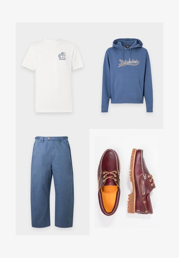 Blå hættetrøje lavet af bomuldsblanding, med en frontlomme og et broderet "Dickies"-logo i creme. Ribstrikkede manchetter og kant.; Hvid t-shirt med korte ærmer lavet af bomuld, med et blåt grafisk motiv på brystet af en vaskebjørn ved siden af en skraldespand og teksten "STANCE."; Blå bukser med vide ben, forlommer, bæltestropper og knaplukning i taljen, vist på en ensfarvet baggrund.; Bordeaux lædersko med brune gummisåler, rund tå, hvid syning og gyldne snøringer. Indersiden har et gult for.