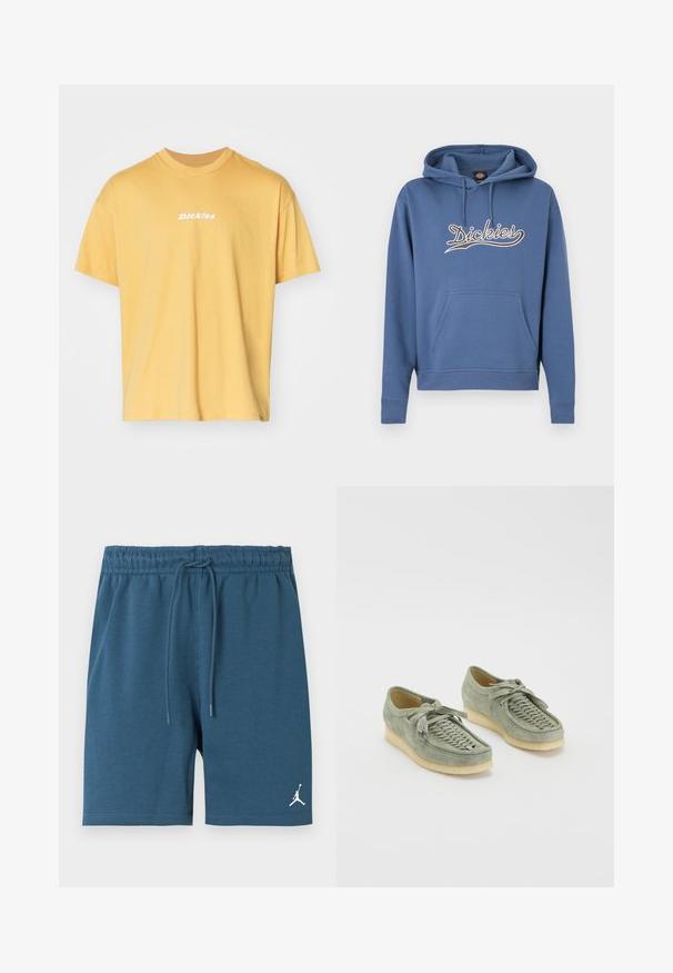 Blå hættetrøje lavet af bomuldsblanding, med en frontlomme og et broderet "Dickies"-logo i creme. Ribstrikkede manchetter og kant.; Gul bomulds t-shirt med korte ærmer, rund halsudskæring, prydet med hvid "Dickies" logo på forsiden. Blød tekstur, afslappet pasform.; Blå bomuldsshorts med elastisk linning og justerbar snøre. Har en hvid Jumpman-logo på nederste venstre side.; Grønne ruskindssko med vævet detaljer på overdelen, snørelukning og kvastdetaljer. Kræmfarget gummisål.