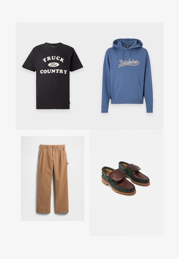 Blauer Hoodie aus Baumwollmischung, mit einer Fronttasche und einem cremefarbenen, bestickten "Dickies"-Logo. Rippstrickbündchen und Saum.; Schwarzes Baumwoll-T-Shirt mit kurzen Ärmeln, das "TRUCK COUNTRY" in cremigem Text und einem Ford-Logo-Design auf der Vorderseite zeigt.; Beige Baumwollhose mit geradem Bein, ausgestattet mit Seitentaschen und einer seitlichen Werkzeugtasche. Der Stoff fühlt sich glatt und robust an.; Lederschuhe mit einem dunkelgrünen Oberteil und einem bordeauxroten oberen Teil, runder Spitze, gesichertem Klappverschluss und einer strukturierten Gummisohle mit Rillen.