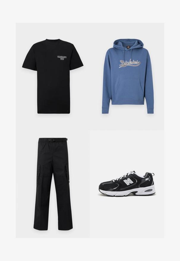 Blauwe hoodie gemaakt van een katoenmix, met een voorvak en een geborduurd "Dickies"-logo in crème. Geribbelde manchetten en zoom.; Zwarte katoenen t-shirt met korte mouwen en een ronde hals, met een witte bedrukte logo op de linkerborst. Gladde textuur, normale pasvorm.; Zwarte cargobroek met een wijde pasvorm, een verstelbare tailleband met een gesp en twee zijzakken voor opslag. Lichtgewicht stof.; Zwarte en grijze sport schoenen met een bovenwerk van mesh en suede, voorzien van een witte tussenzool, veters en een gedurfde "N"-logo aan de zijkant.