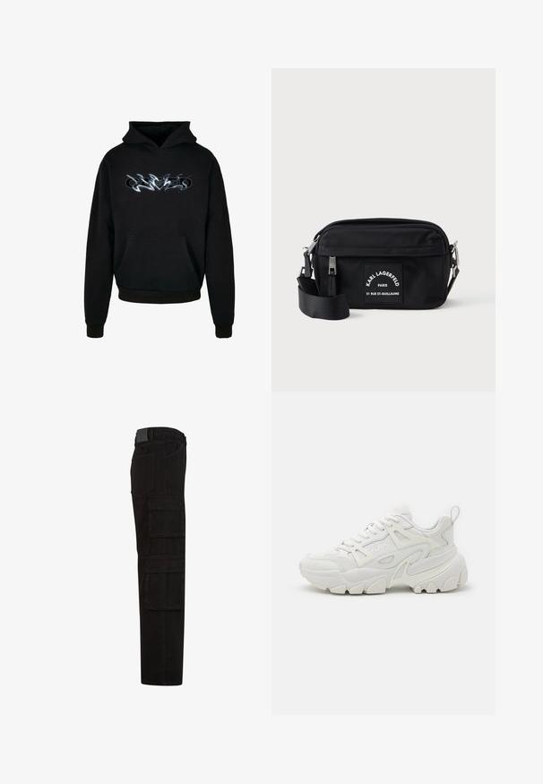 Sweat à capuche noir avec une poche kangourou à l'avant, un cordon de serrage à la capuche et un design graphique en argent. Fabriqué en tissu doux avec des poignets côtelés.; Pantalon cargo noir avec plusieurs grandes poches à rabat, passants de ceinture, et une coupe droite, vu de côté.; Des baskets de sport blanches avec une tige texturée, des panneaux en maille, une semelle en caoutchouc proéminente et des découpes décoratives sur les côtés.; Sac en nylon noir à bandoulière avec fermeture éclair, sangle ajustable et un patch de marque blanc arborant "Karl Lagerfeld Paris". Design compact.