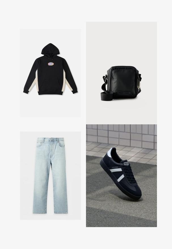 Sort hættetrøje med cremefarvede sidepaneler, frontlomme og en farverig oval logo på brystet. Lavet af blødt stof.; Lyseblå jeans med brede ben, fem lommer, knap- og lynlåslukning samt let falmet vask, lagt fladt på en hvid baggrund.; Sort lædersneaker med hvide striber, tekstureret gummisål og snørrebånd foran. Har et brandet mærke på tungen.; Sort kompakt crossbody taske med front lynlåslomme, justerbar rem og tekstureret stof mod en ensfarvet baggrund.