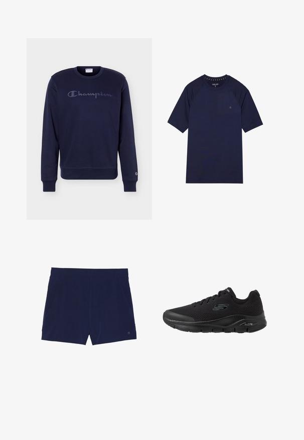 Sudadera de manga larga azul marino con el logo "Champion" en el pecho y pequeño logo bordado en el puño izquierdo.; Camiseta de manga corta azul marino hecha de una tela suave. Presenta un cuello redondo y mangas raglán con un pequeño logo en el pecho.; Bañadores azul marino hechos de tejido ligero, con una cinturilla elástica y dos bolsillos laterales para almacenamiento.; Zapatilla deportiva negra con parte superior de malla transpirable, suela acolchada y la marca "ArchFit" en el lateral. Suelas texturizadas para un mejor agarre.