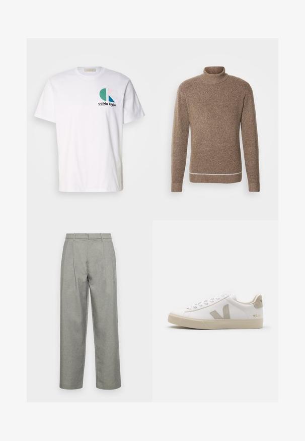 INDICODE JEANS Striktrøje - otter; Hvid bomulds-t-shirt med et multicolor grafisk design med cirkulære former og "Calvin Klein" logo på forsiden. Korte ærmer, rund hals.; Grå skræddersyede bukser lavet af struktureret stof, med lige ben-design, frontfolder og en standard talje med bæltesløjfer.; Hvide lædersneakers med beige detaljer, flad gummisål, rund tå og kontrasterende logo på siden og bagsiden. Snørebåndsdesign.