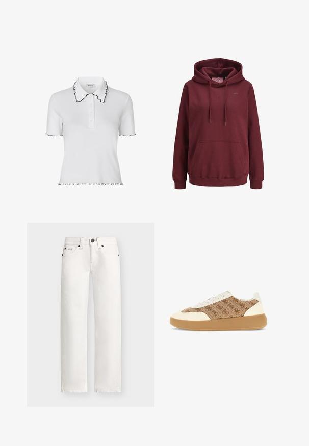 Haut à capuche bordeaux en tissu doux, avec une poche kangourou à l'avant, des cordons de serrage ajustables et un petit logo sur la poitrine.; Modström MAGDALONEMD POLO - Polo - soft white; Jean denim blanc droit avec rivets noirs, bouton frontal, braguette zippée, passants de ceinture et design à cinq poches.; Guess PARLET 4G LOGO SNEAKER - Baskets basses - mehrfarbig beige