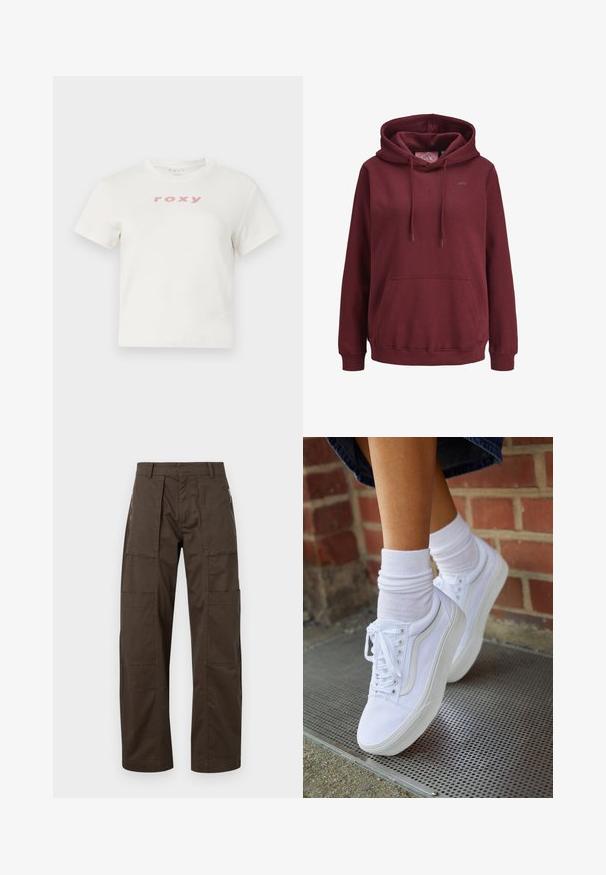 Haut à capuche bordeaux en tissu doux, avec une poche kangourou à l'avant, des cordons de serrage ajustables et un petit logo sur la poitrine.; T-shirt en coton blanc à manches courtes et col rond, avec le logo rose "roxy" imprimé sur le devant. Design à coupe régulière.; Pantalons cargo marron en tissu robuste, dotés de plusieurs poches, d'une coupe décontractée et de coutures proéminentes pour plus de durabilité.; Baskets en toile blanches avec semelles en caoutchouc, dotées de six œillets, d'un bout rond et de détails de couture légers, portées avec des chaussettes blanches mi-mollet.